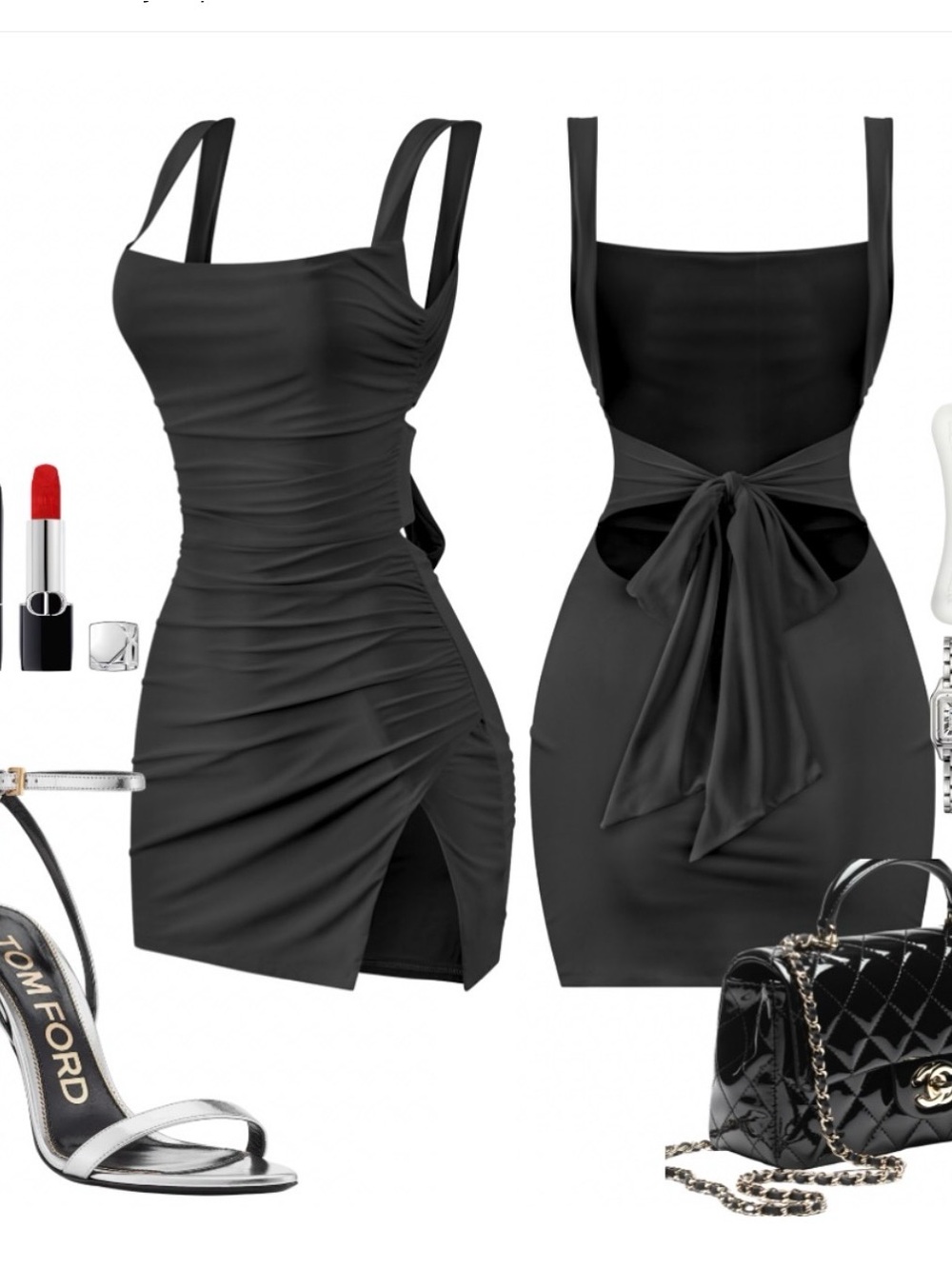 Elegant Black Ruched Tie-Back Mini Dress